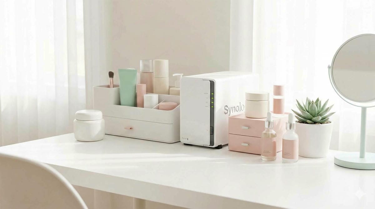 極簡風格的白色書桌,放置著化妝品與一台白色的 Synology NAS (Minimalist White Desk with Cosmetics and a White Synology NAS)