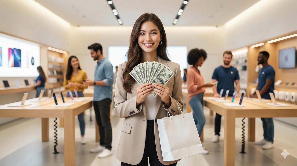 一位自信的年輕女性在明亮現代的科技店內,開心地拿著現金與購物袋,氣氛安全友善。