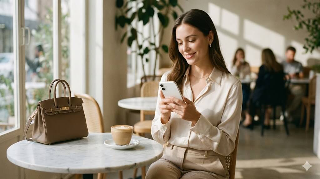 一位優雅女性在質感咖啡廳使用輕薄的 iPhone 17 Air / An elegant woman using a slim iPhone 17 Air in a stylish cafe setting.