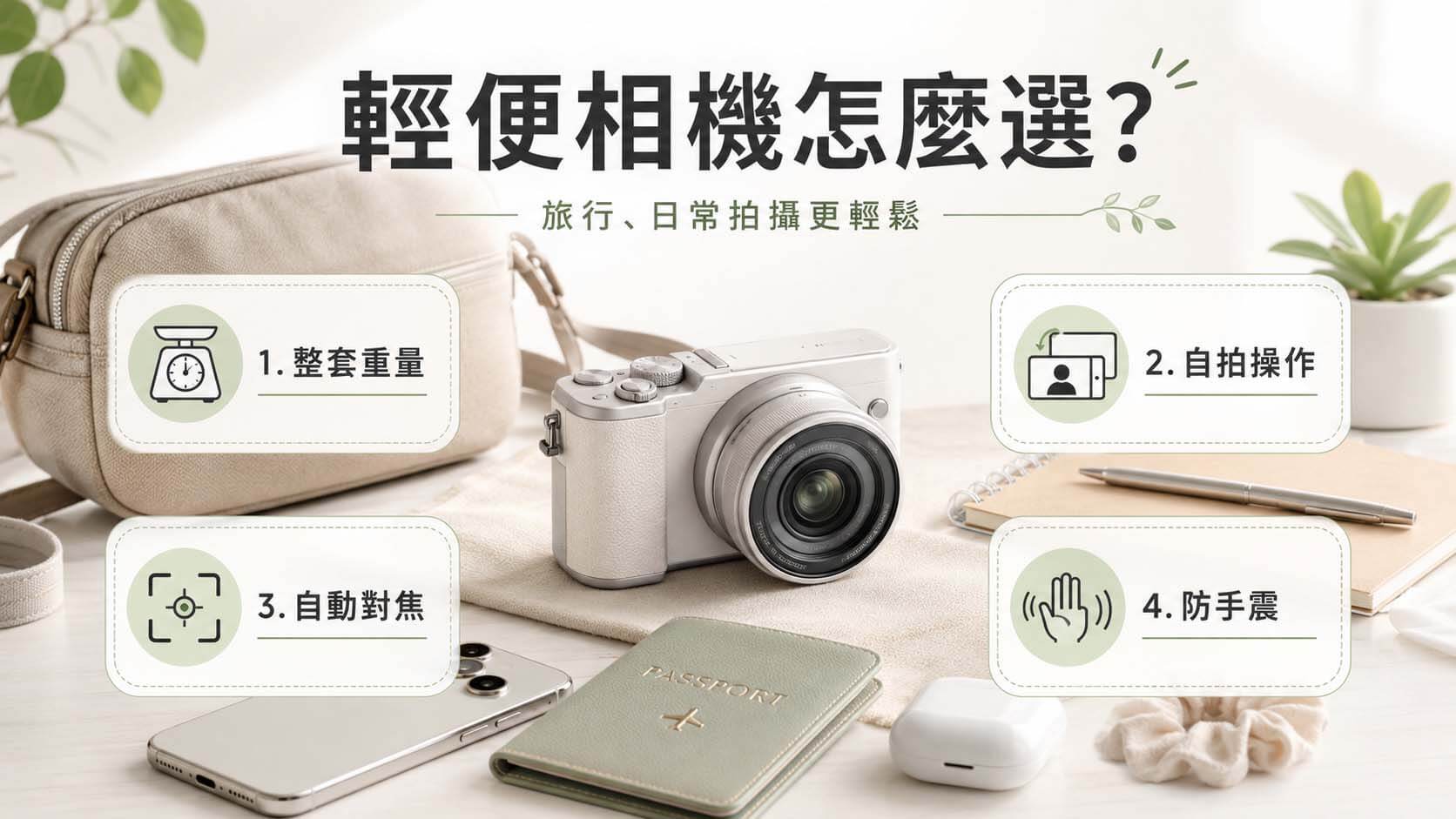 桌面上擺放一台輕便相機、小型鏡頭、手提包與旅行用品，旁邊標示重量、自拍、對焦與防手震等選擇重點